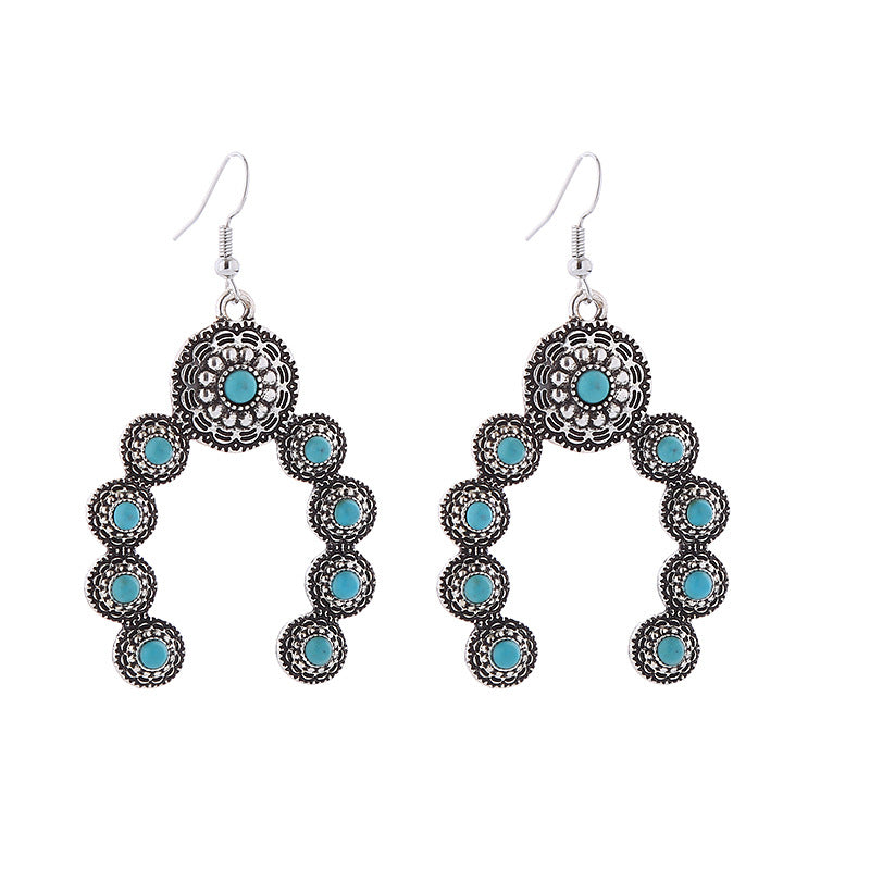 Cross-border Amazon independent station hot sale earrings, European and American retro alloy inlaid turquoise, creative exaggerated temperament earrings