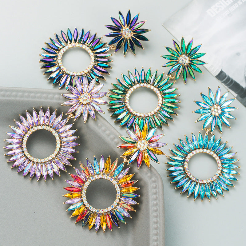 European and American trend new geometric color sunflower alloy diamond long earrings girl creative earrings