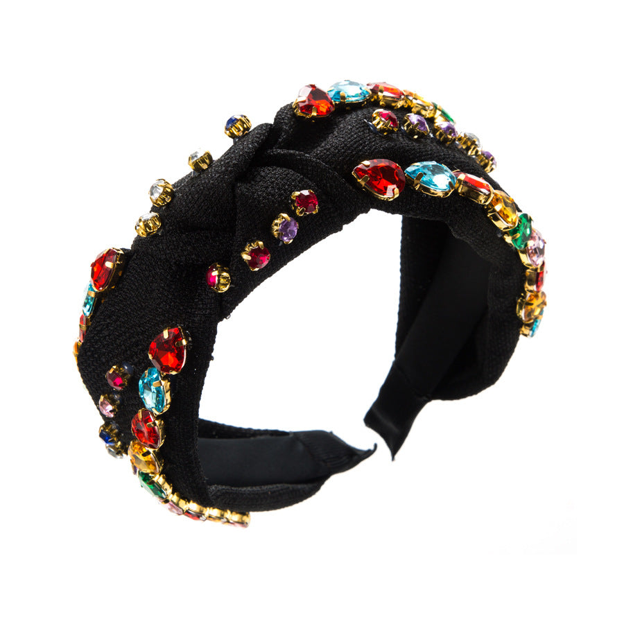 Cross-border European and American fashion temperament, fabric headband, full of diamonds, simple and creative knotted headbands, personality gorgeous colored diamond hair accessories