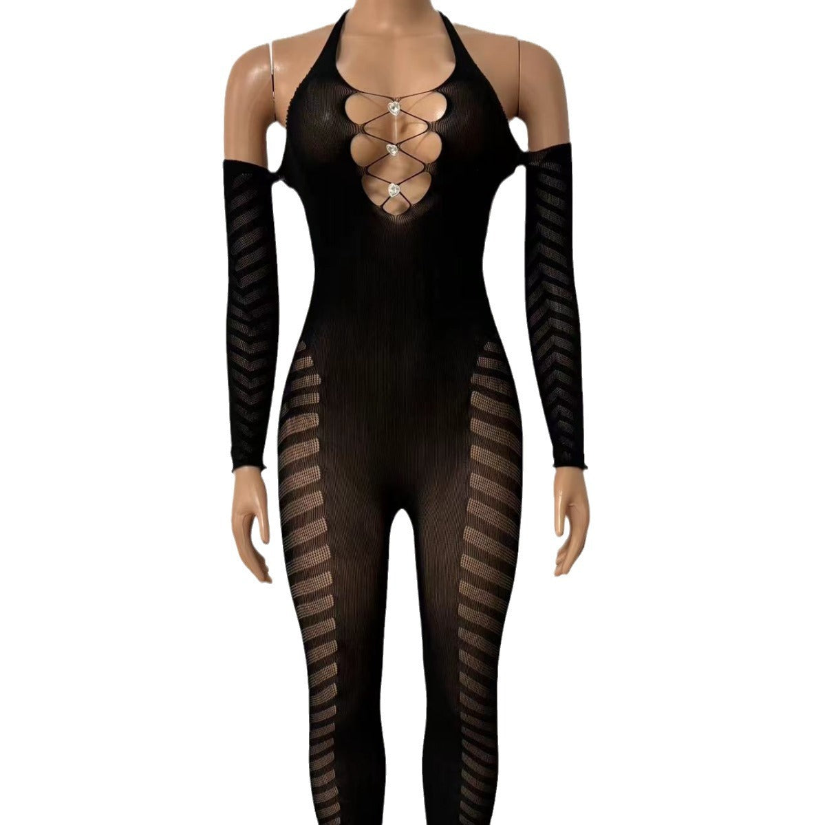 Yue Die's new solid color halterneck chain with sleeves and hollow sheer backless sexy bodysuit YDT028