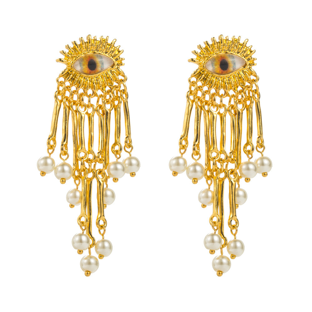 European and American vintage antique gold exaggerated devil's eye silver needle earrings female alloy dripping oil inlaid resin pearl earrings