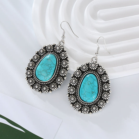 Independent station popular European and American creative alloy pattern round pendant earrings with turquoise temperament retro banquet earrings