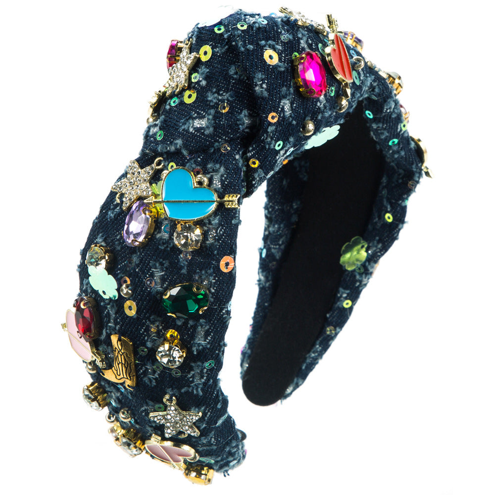 European and American fashion trends, love accessories, headbands, women's hand-sewn glass diamonds, denim hair accessories, cross-border supply