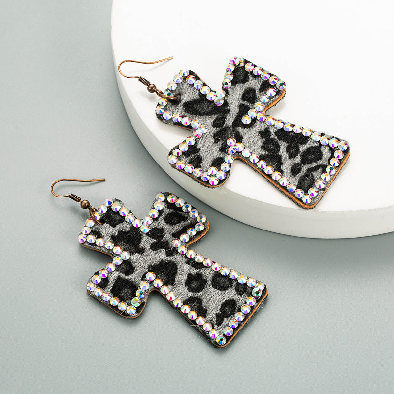 European and American personality exaggerated cross-shaped double-sided printed leather leopard print earrings long full of diamonds retro ins earrings