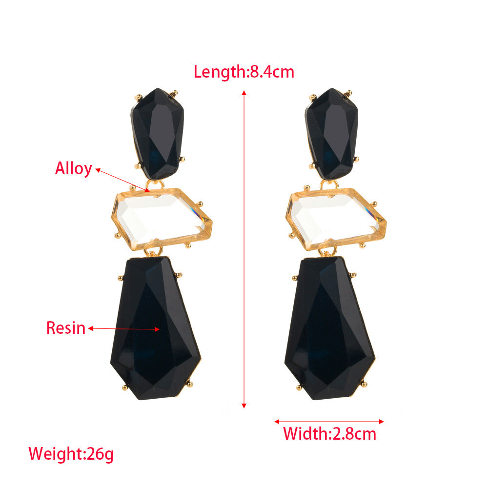 Cross-border European and American irregular geometric polygon earrings, exaggerated femininity, long multi-layer alloy inlaid resin studs