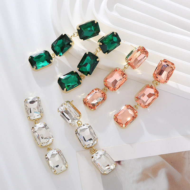 European and American fashion temperament long multi-layer square glass diamond earrings women's niche simple light luxury banquet earrings wholesale