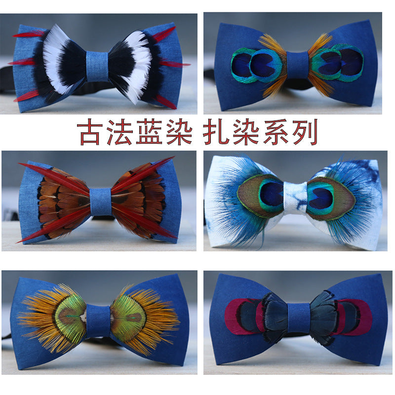 Formal wear men's blue dye bow tie feather collar flower bow tie blue spot bow tie men's bow host accessories