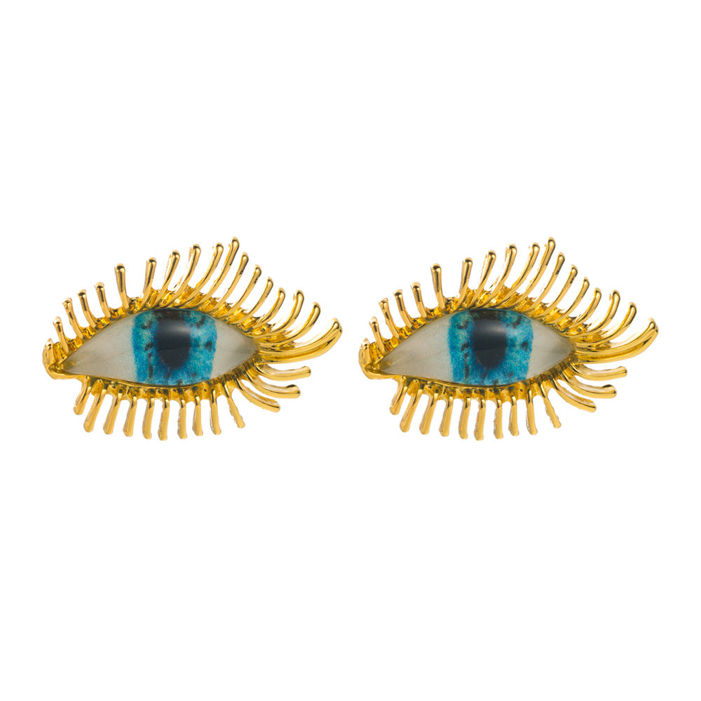 European and American vintage antique gold exaggerated devil's eye silver needle earrings female alloy dripping oil inlaid resin pearl earrings