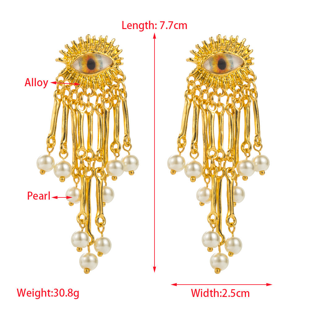 European and American vintage antique gold exaggerated devil's eye silver needle earrings female alloy dripping oil inlaid resin pearl earrings