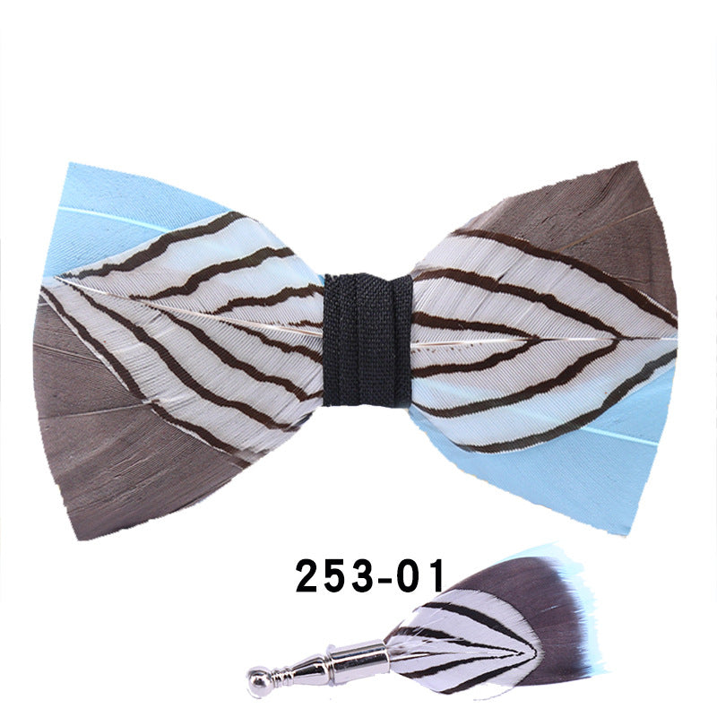 253 Black & White Striped Feather Bow Tie Men's Wedding Banquet Suit Accessories Shirt With Box Bow