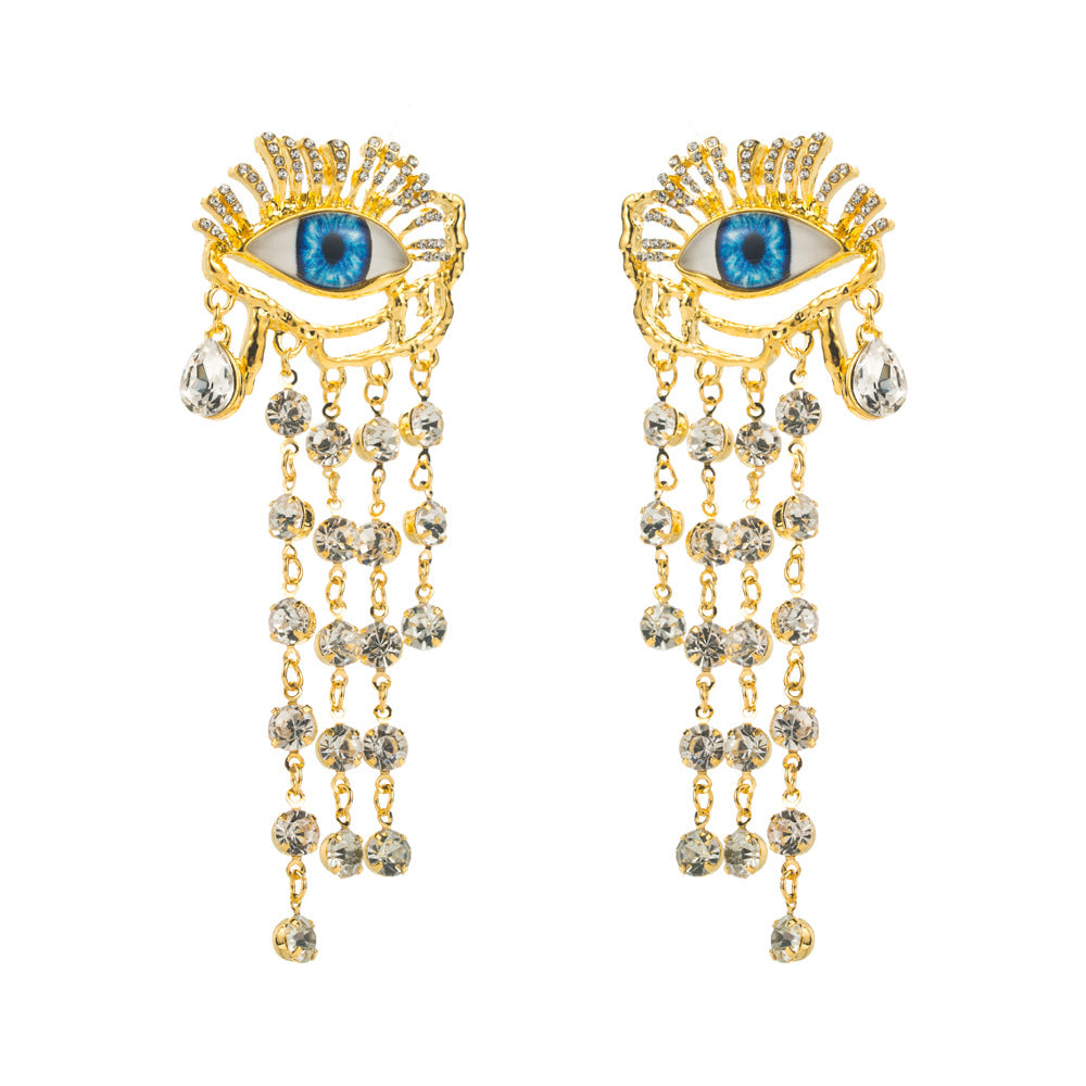 European and American exaggerated heavy industry, light luxury, niche, high-end earrings, women's diamond-encrusted eyes, tassel earrings, long banquet earrings