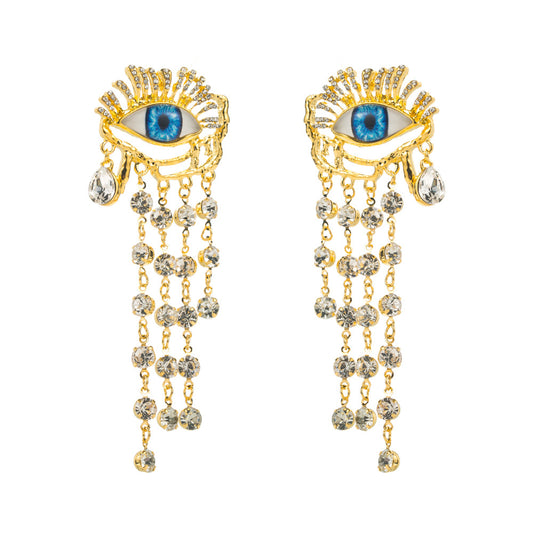 European and American exaggerated heavy industry, light luxury, niche, high-end earrings, women's diamond-encrusted eyes, tassel earrings, long banquet earrings