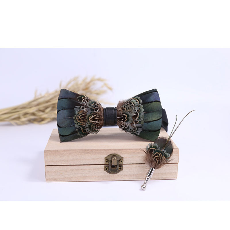 male green feather bow tie brooch gift box wedding wedding host flower girl collar flower green bow