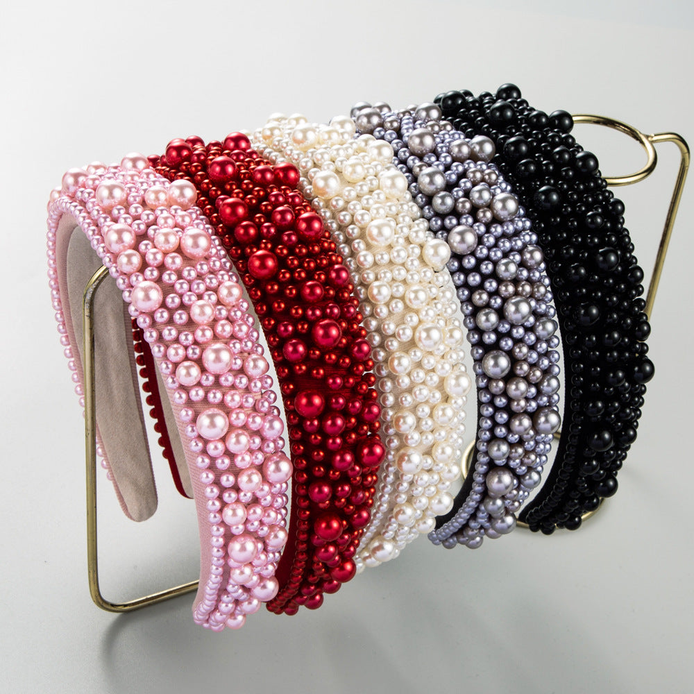 Heming headbands, European and American cross-border sponge pearl hair accessories, women's handmade beads, high-quality sense of wide edge, fashionable and versatile headbands