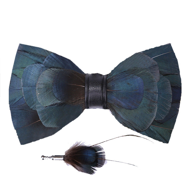 275 ink blue men's bow tie feathers bird feather nightclub marriage groom man wedding suit collar flower dark green bow tie