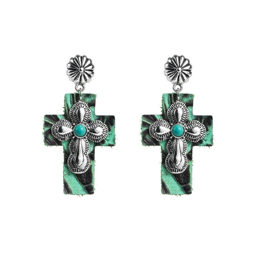 Trendy creative street shot earringsEuropean and American personality inlaid turquoise leather exaggerated cross earrings independent station hot sale