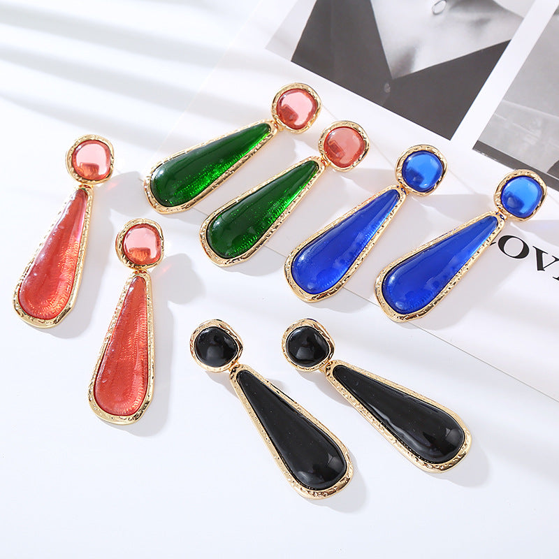 ZA personality retro earrings, long color pear-shaped resin earrings, European and American fashion, light luxury, geometric studs