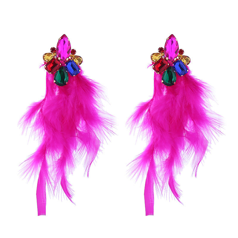 European and American new earrings, alloy diamonds, feathers, flowers, long temperament, tassel earrings, trendy bohemian earrings