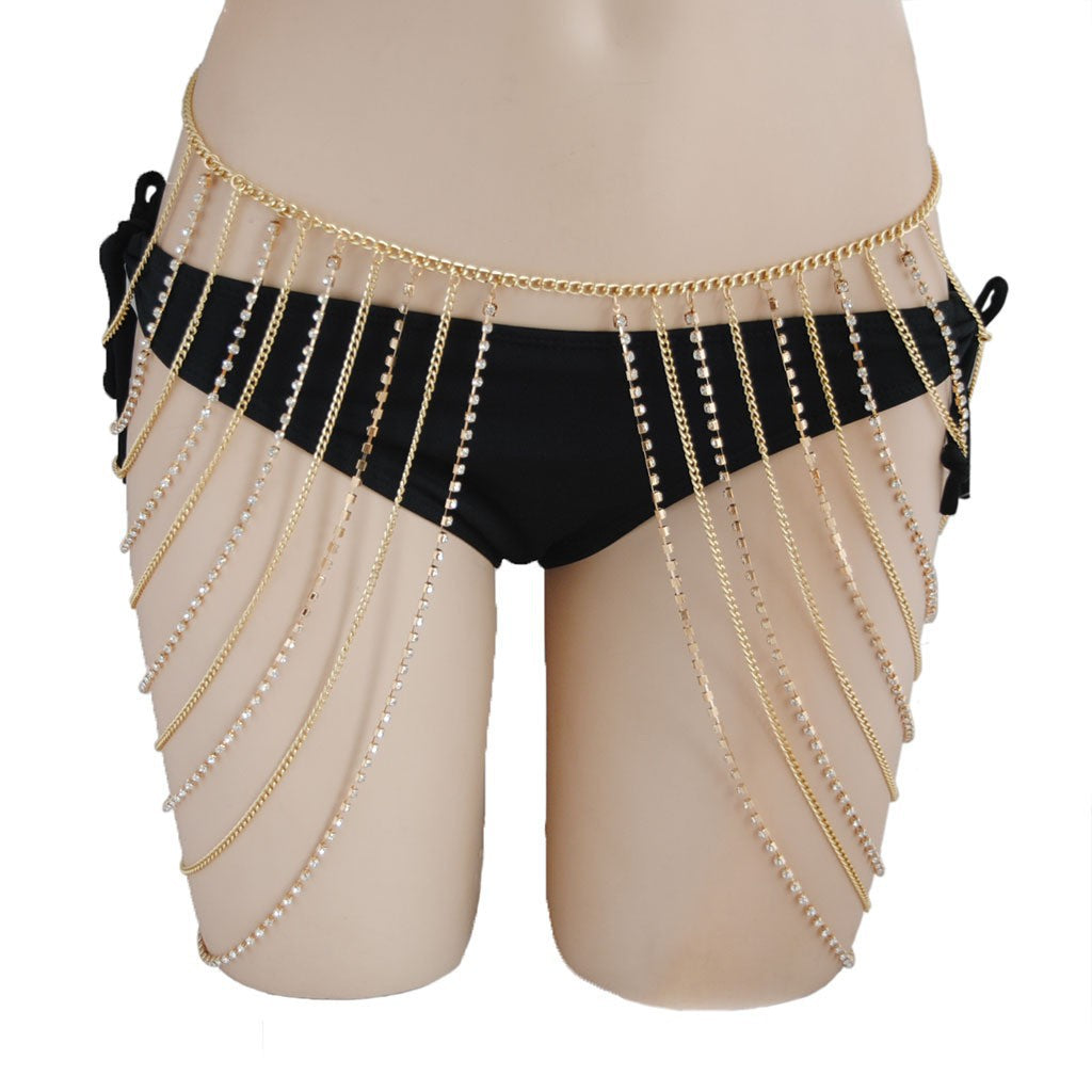 The new European and American jewelry, cross-border simplicity, luxury, versatile, geometric waist chain, metal rhinestone, multi-layer tassel body chain