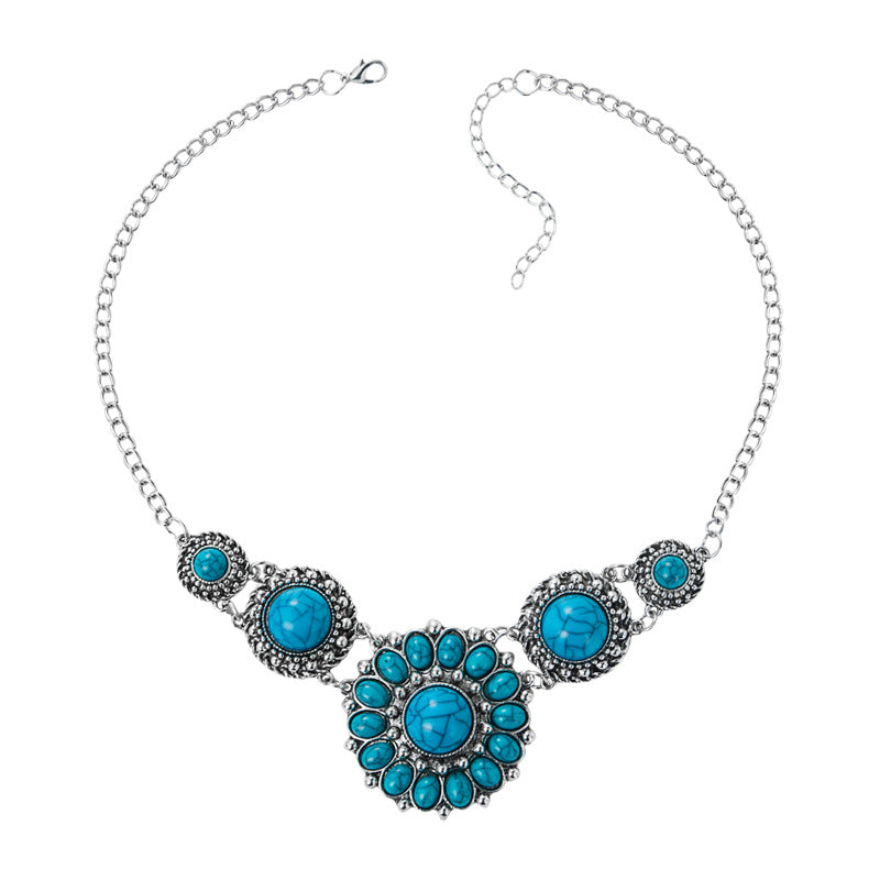 European and American fashion exaggerated necklace women's vintage alloy turquoise necklace women's bohemian court pendant accessories