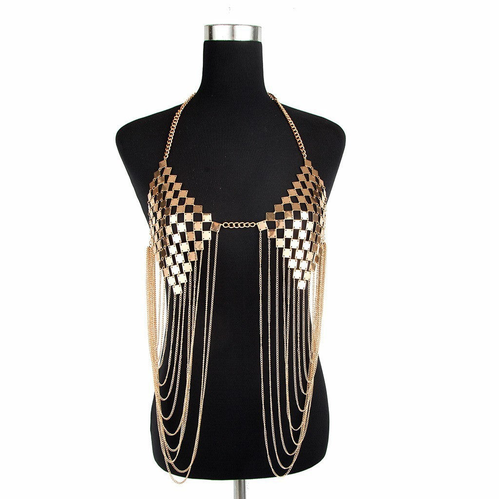 2024 European and American cross-border hot chest chains, women's jewelry, alloy iron bras, metal tassels, body chains