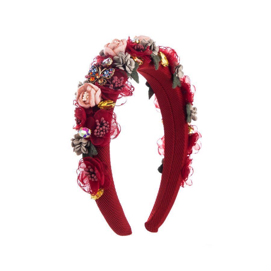 European and American new baroque rhinestone flower headband fabric rose fashion small fresh headband jewelry wholesale