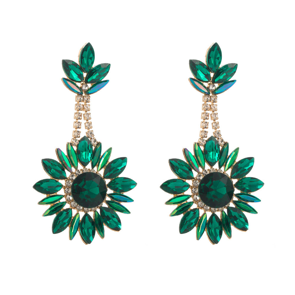 European and American new cross-border flower pendant earrings luxury exaggerated color full diamond round long banquet earrings wholesale