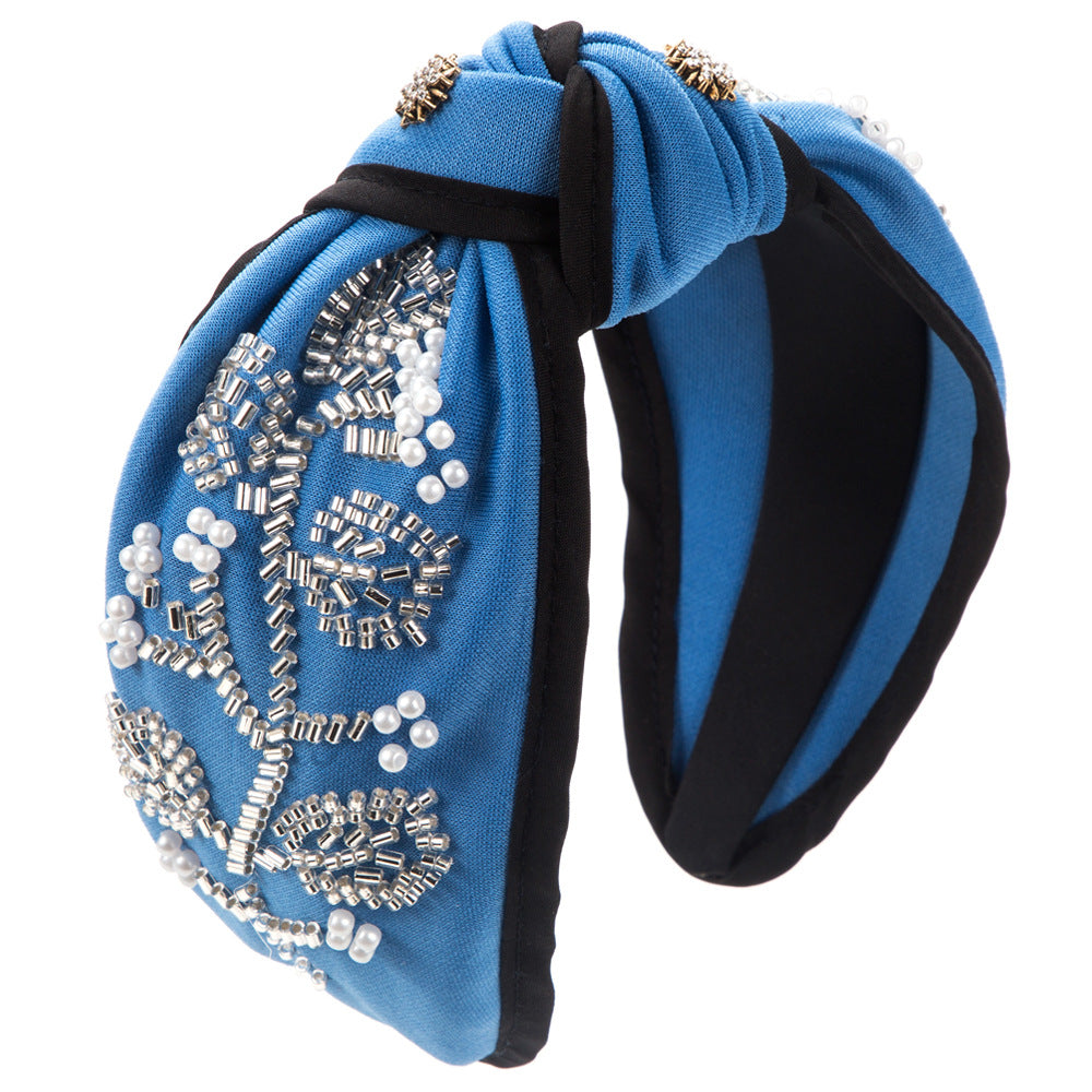 European and American fashion new wide-brimmed knotted high skull headband, hand-sewn glass floral, high-end banquet hair accessories