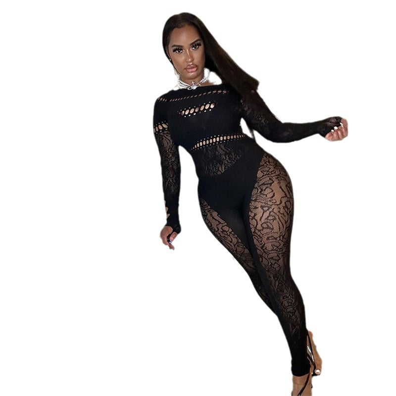 Yue Die European and American women's new sexy cut-out knit jacquard dark pattern high-waisted skinny long-sleeved jumpsuit YDT036