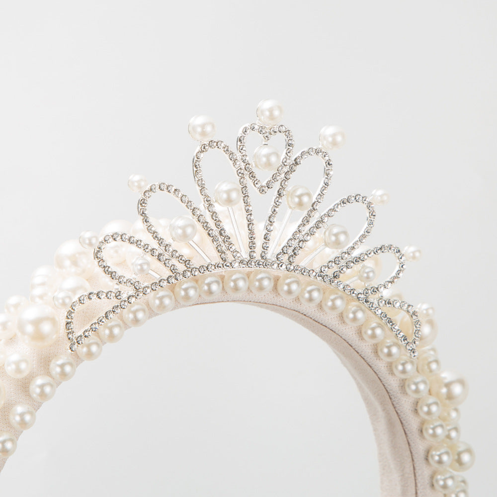 New niche light luxury bridal headband Korean high-end white pearl princess crown high skull top hair ornament hairpin