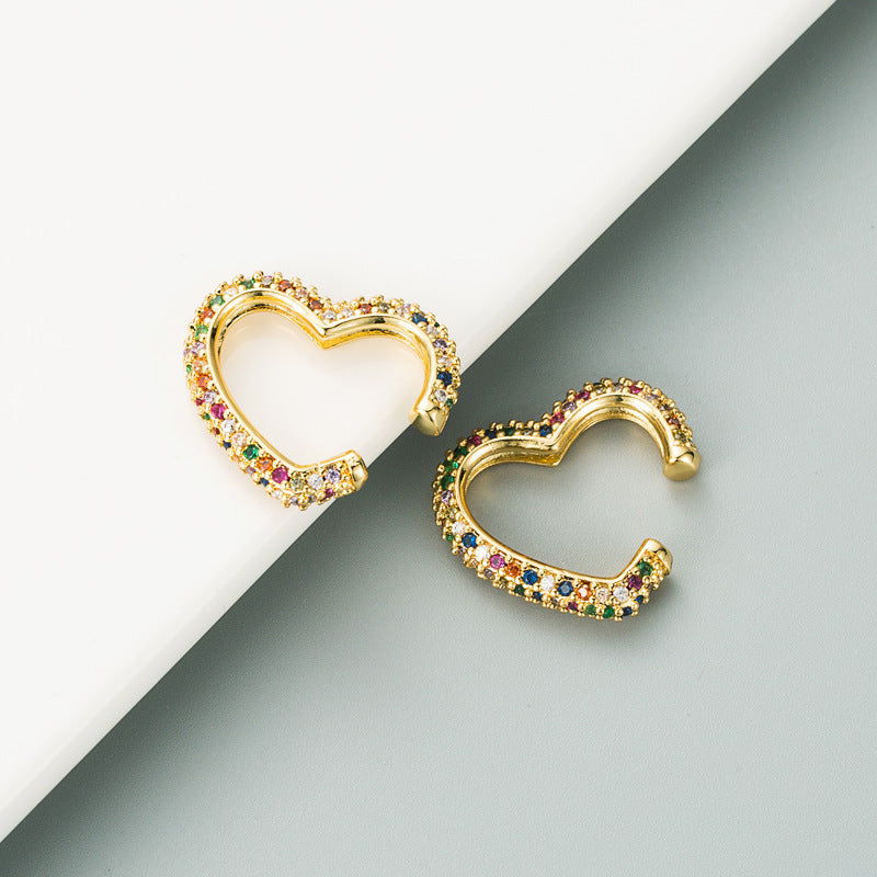 ins with the same source, cross-border European and American fashion, love-shaped, pierced, ear clips, copper micro-inlaid zircon, hip-hop style earrings