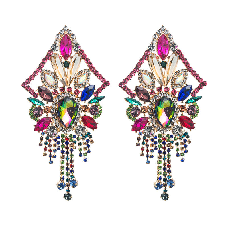 European and American fashion high-end super flash alloy colored diamond long tassel earrings women's luxury dazzling exaggerated earrings earrings