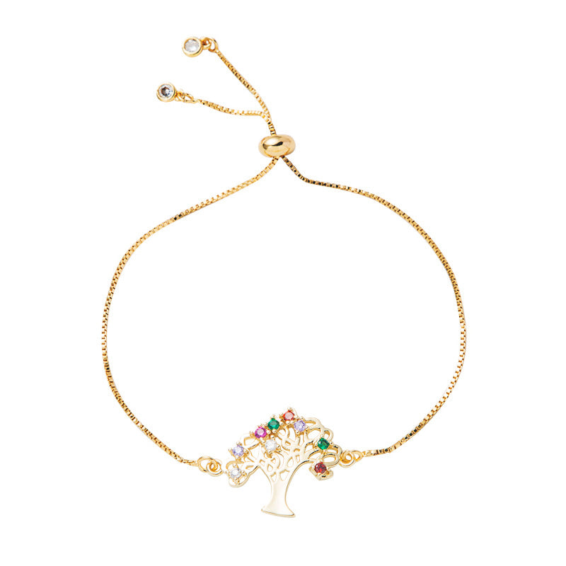 European and American fashion personality copper plated real gold micro inlaid zircon tree shape bracelet simple pastoral style bracelet accessories women