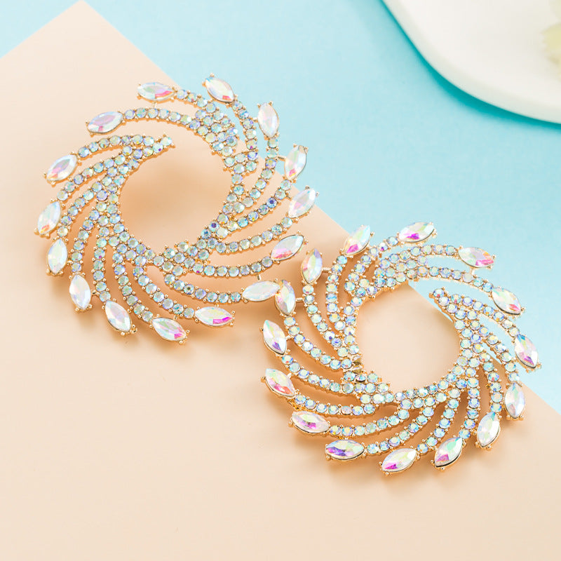 European and American exaggerated big brand fashion alloy diamond color whirlwind earrings feminine super shiny diamond niche earrings