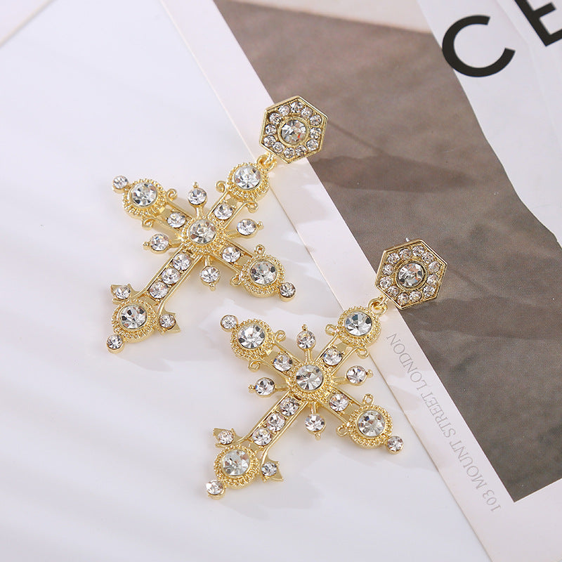 European and American colored diamond stud earrings Internet celebrity bohemian national style alloy diamond cross earrings female cross-border supply