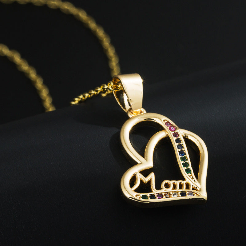 European and American cross-border fashion copper gold-plated micro-inlaid zircon simple heart pendant necklace Mother's Day MOM necklace accessories