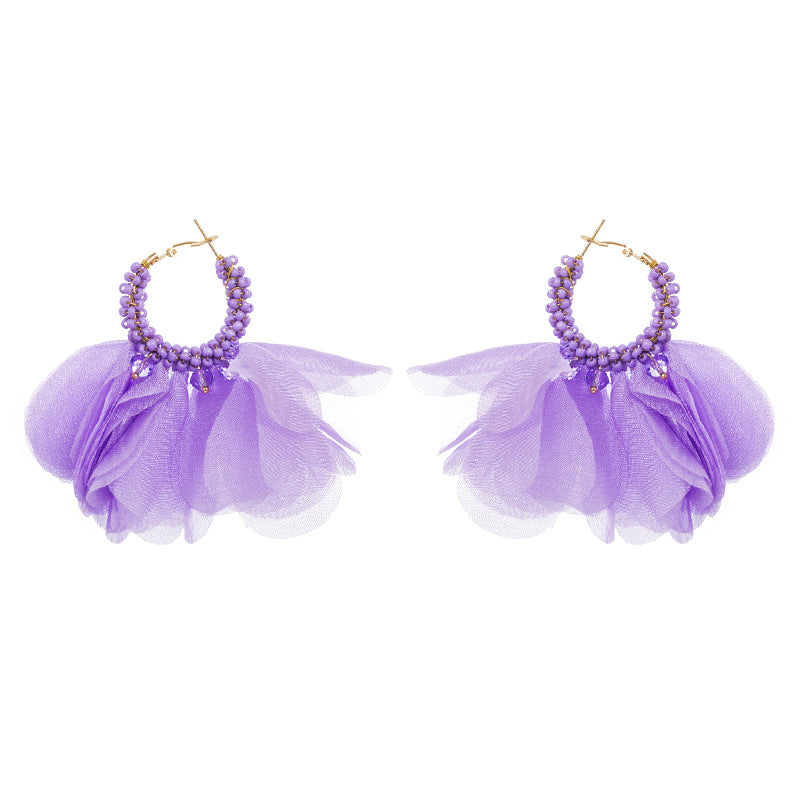 European and American Personality Creative Handwoven Beaded Flower Earrings Earrings Exaggerated Bohemian Chiffon Flower Earrings