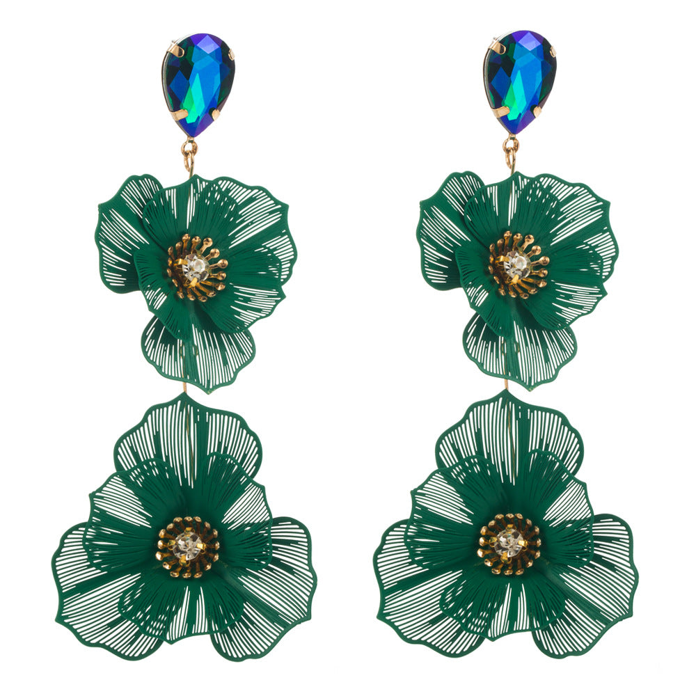 European, American and Korean sweet multi-layered flower earrings, women's diamond-encrusted light luxury, high-end earrings, temperament, long banquet earrings
