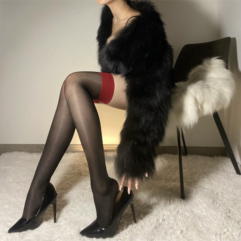 Sexy red over-the-knee socks women's red edge black silk thigh socks hottie ultra thin screw stockings HB01