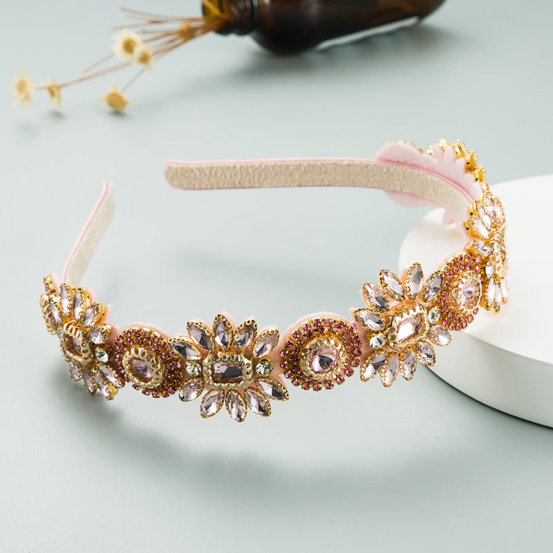 Cross-border, European, American, and new seasonal new personality exaggerated fabric headbands, inlaid with glass diamonds, flower headbands, Korean thin-edged hair accessories