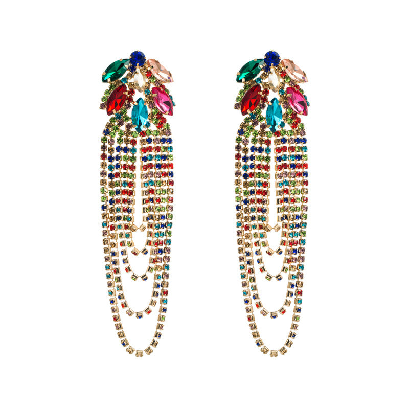 Fashionable exaggerated alloy diamond-encrusted chain tassel earrings for women's European and American light luxury retro luxury catwalk earrings