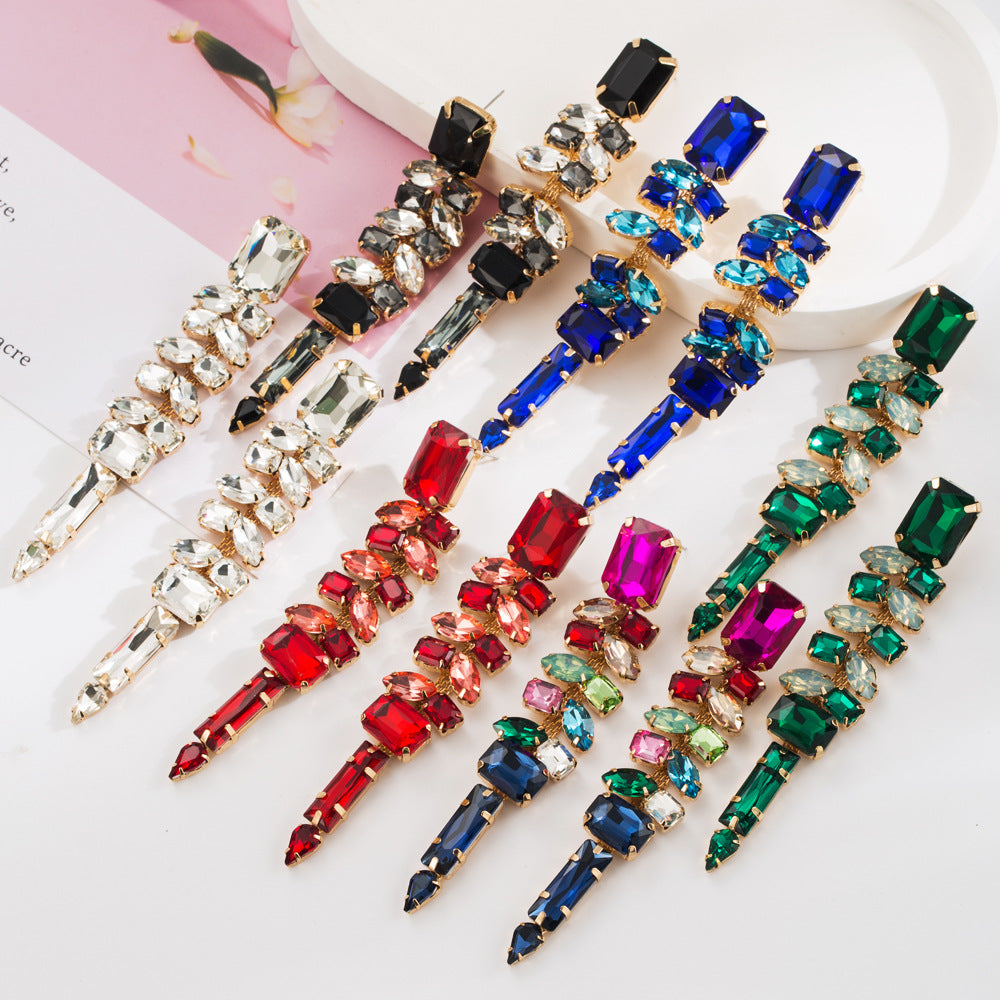 European and American fashion ZA exaggerated long claw chain wheat ear tassel earrings women's light luxury alloy set with colored diamonds high-end earrings