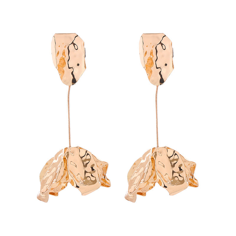 Personality exaggerated long metallic flower leaf earrings European and American hot selling alloy electroplating embossed texture earrings female