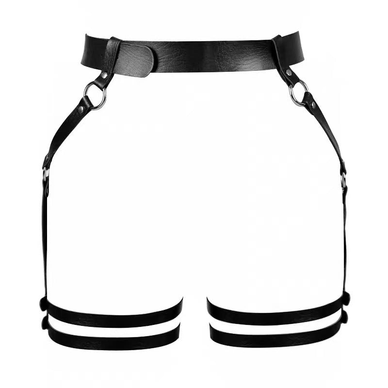 The new European and American cross-border hot selling personality exaggerated black leather multi-layer body chain women's leather waist chain