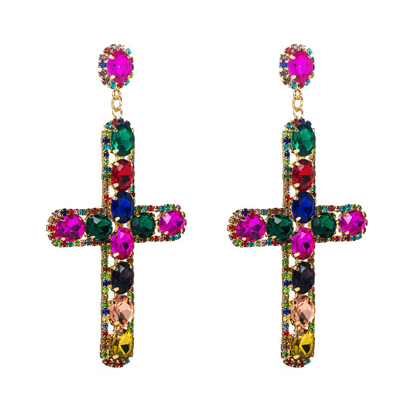 European and American style fashion exaggerated personality alloy set color diamond cross shape long earrings women's high-end earrings earrings