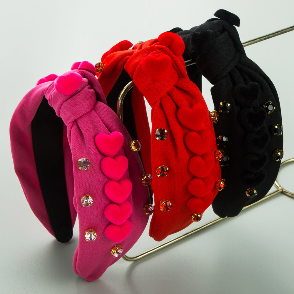 Korean version fashion new cute fairy headband knotted fabric diamond inlaid heart accessories decorative red headband wholesale