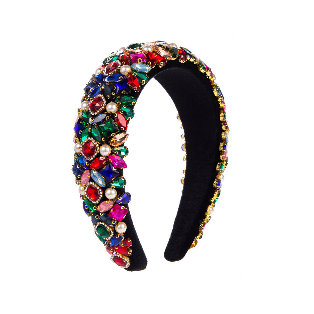 Cross-border hot sale Korean version of the sponge pearl headband with colored diamonds, European and American baroque headbands, wide-brimmed rhinestone hair accessories wholesale