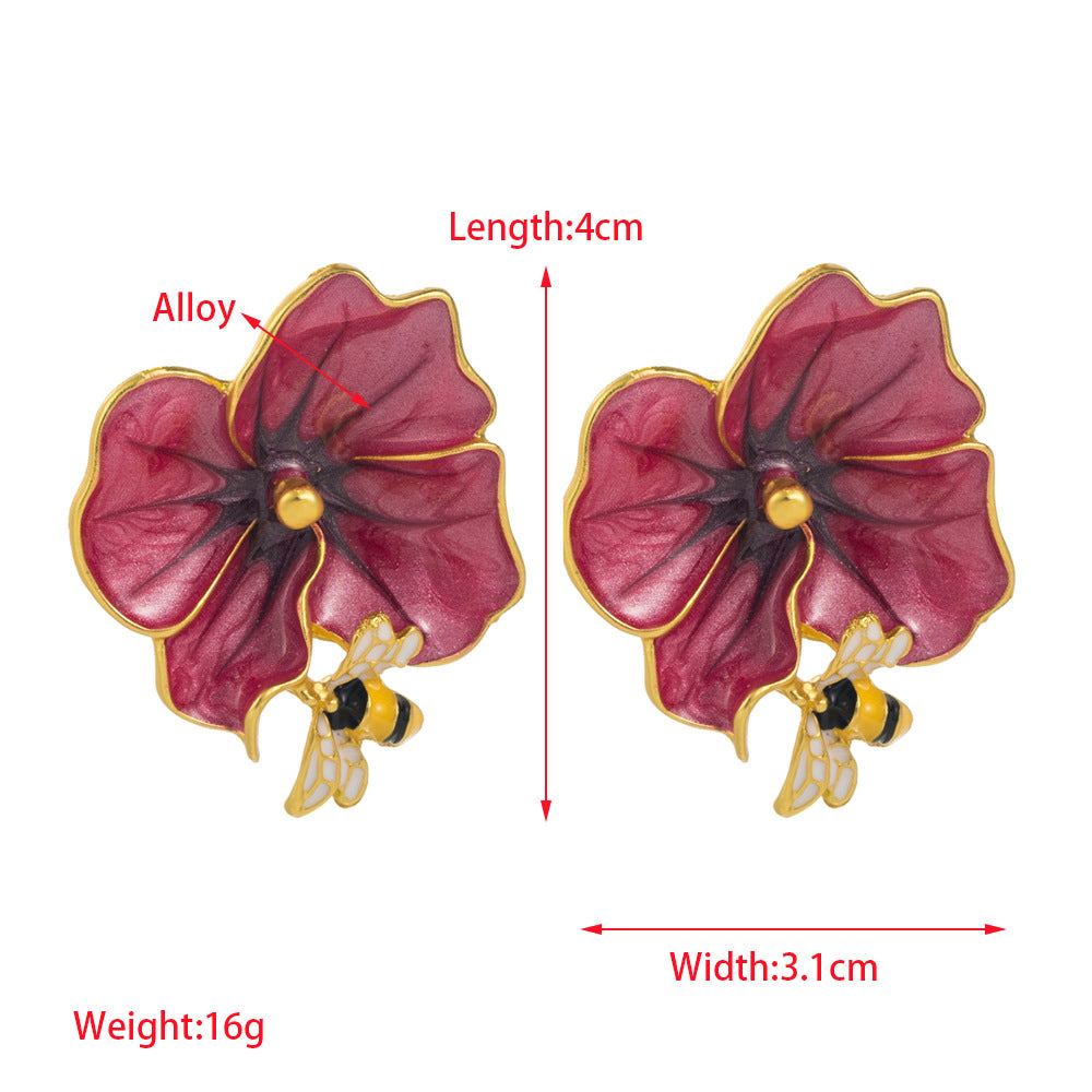 Retro new S925 silver needle alloy dripping oil flower earrings feminine elegance net red street shot ear jewelry wholesale