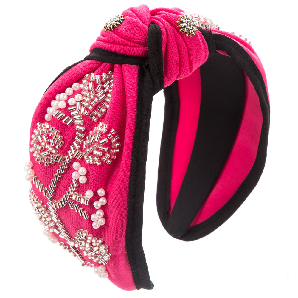 European and American fashion new wide-brimmed knotted high skull headband, hand-sewn glass floral, high-end banquet hair accessories