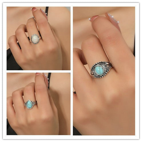 New cross-border jewelry bohemian turquoise alloy ring personality fashion versatile ring ring